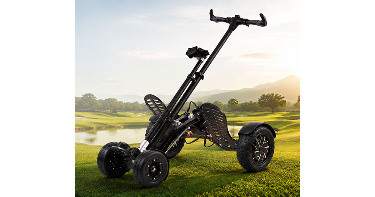 AESWGOF GO2 PRO foldable electric golf scooter with dual motor and pneumatic tires on golf course