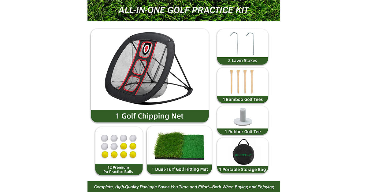 AESWGOF golf chipping net set with dual-turf mat and practice balls for home training