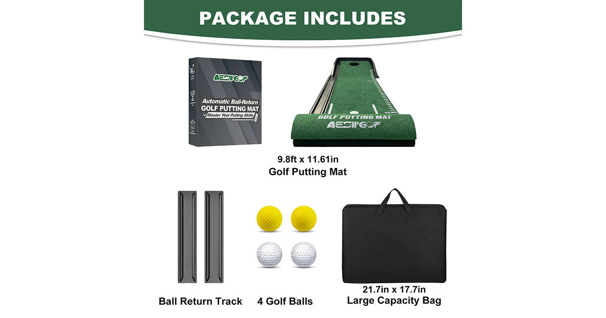 AESWGOF 9ft golf putting mat with alignment guides and ball return rails for home practice