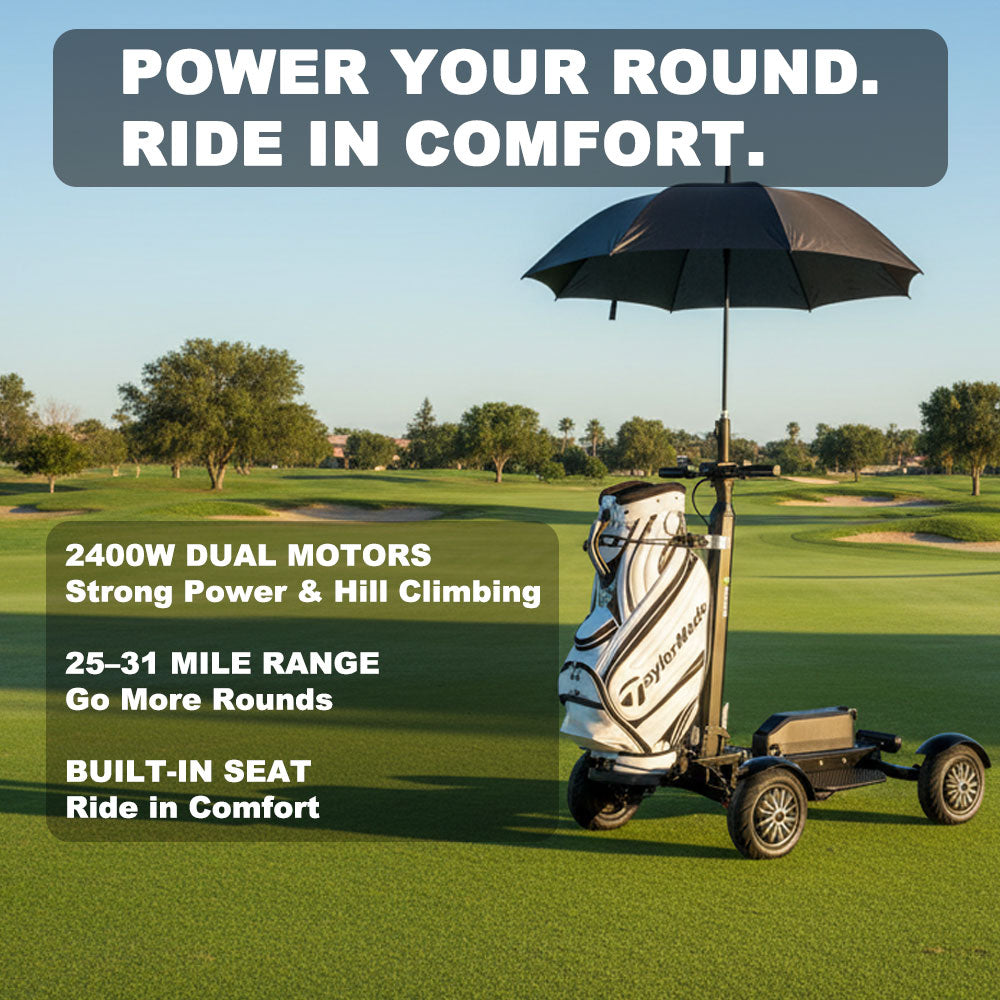 AESWGOF Go3 Foldable Electric Golf Scooter on Fairway with Seat and Umbrella