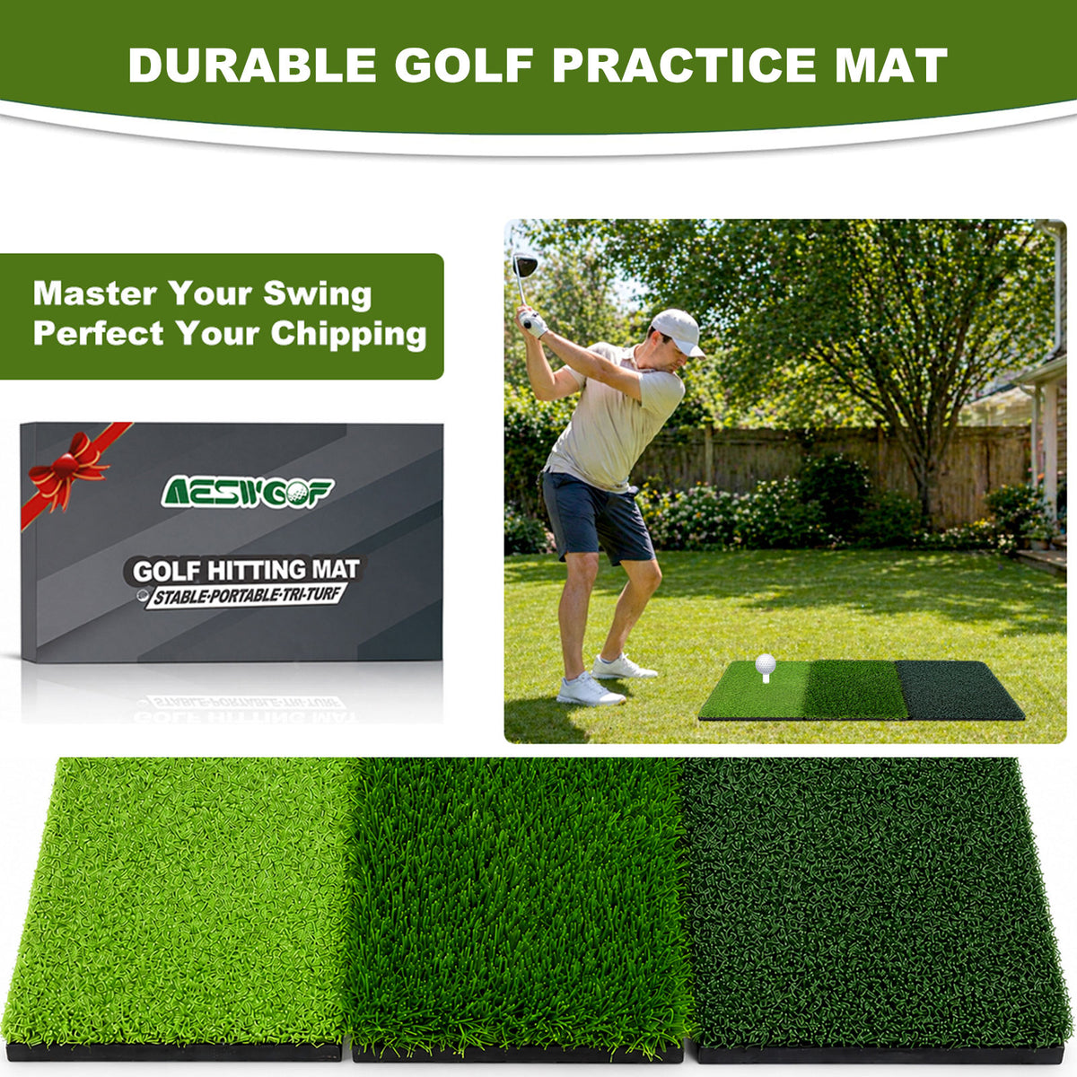 AESWGOF Foldable Tri-Turf Golf Hitting Mat, Non-Slip & Durable Outdoor Practice Mat