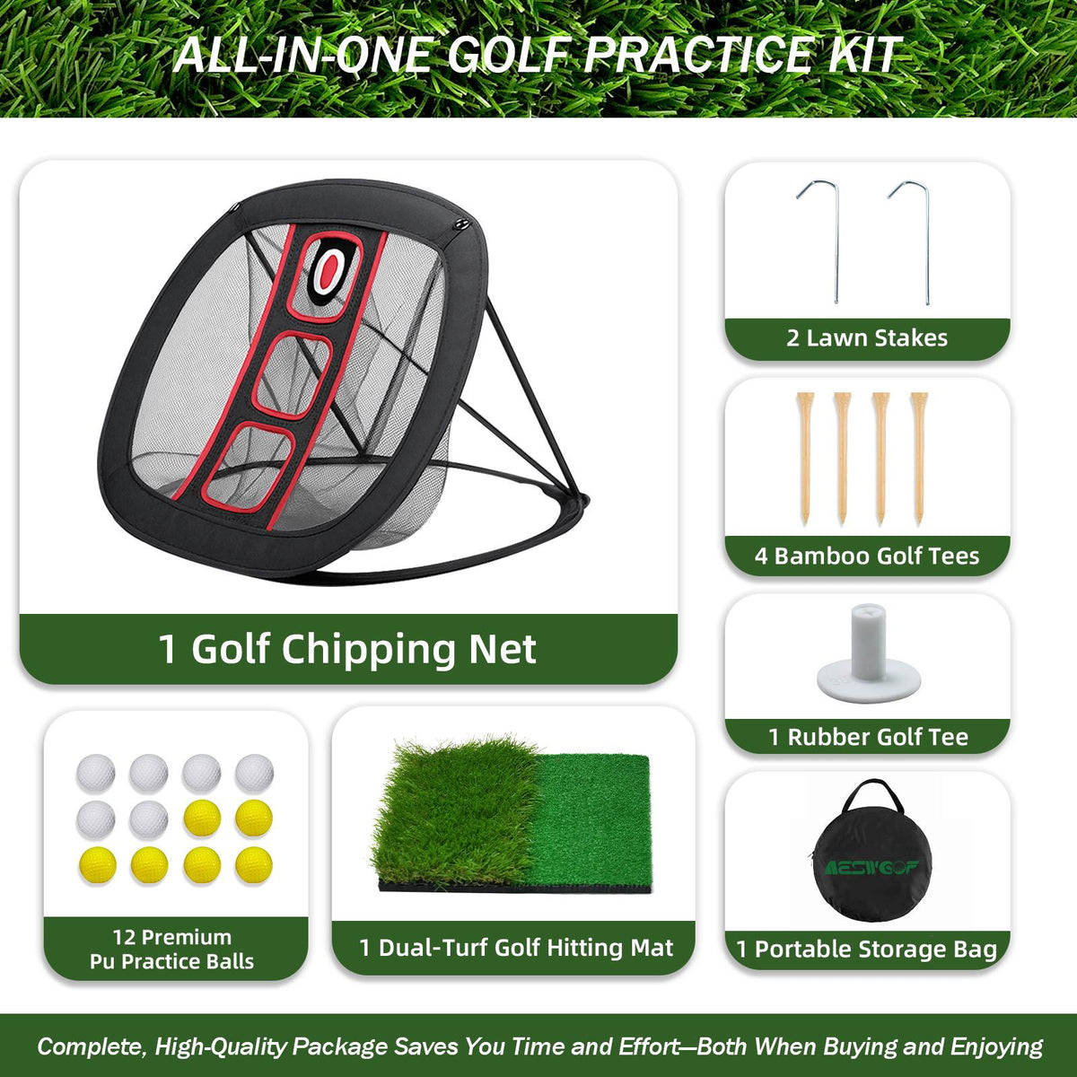 AESWGOF Golf Chipping Net Set – All-in-One Training Kit with Mat & 12 Balls