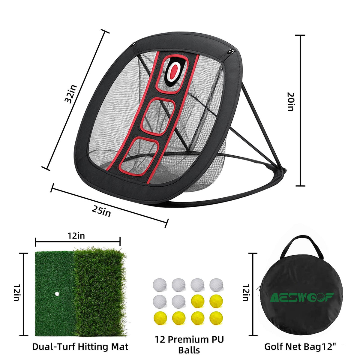 AESWGOF Golf Chipping Net Set – All-in-One Training Kit with Mat & 12 Balls