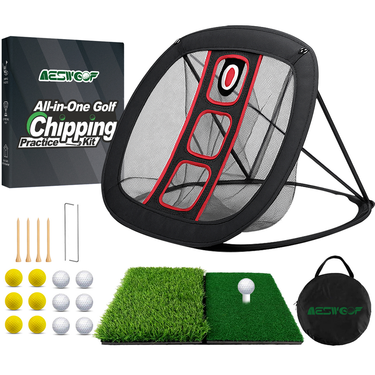 AESWGOF Golf Chipping Net Set – All-in-One Training Kit with Mat & 12 Balls